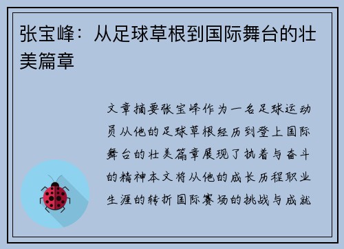 张宝峰：从足球草根到国际舞台的壮美篇章